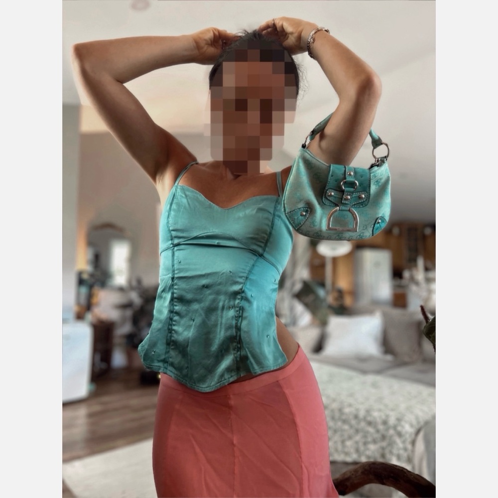 Vintage Y2K Silk Aqua Cami with Sequins